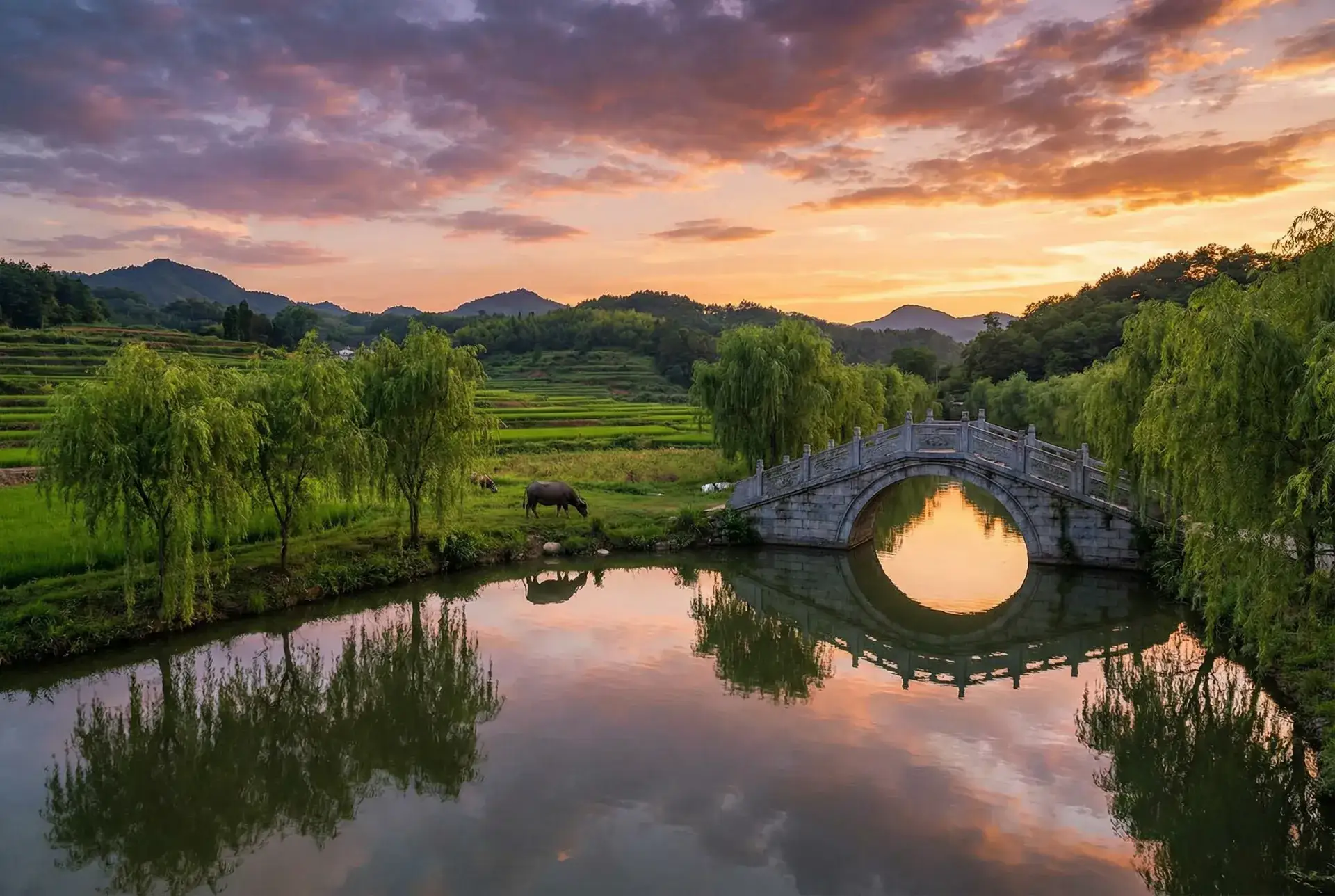 夕阳下的石拱桥与垂柳，水牛在河边吃草 - 24小时日本免费播放视频 乡村美景